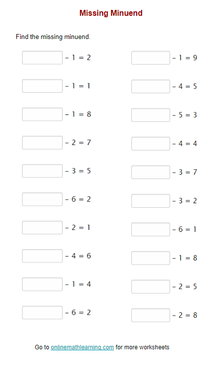 Missing Minuend Worksheet for First Grade