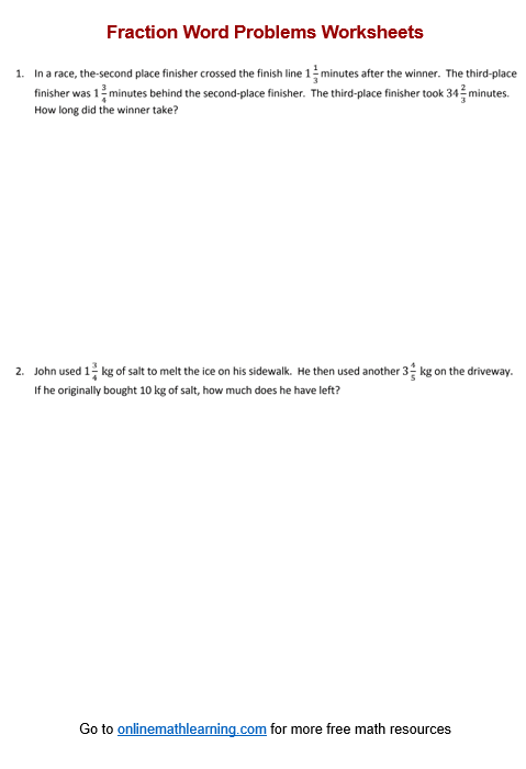 Mixed Number Word Problem Worksheet
