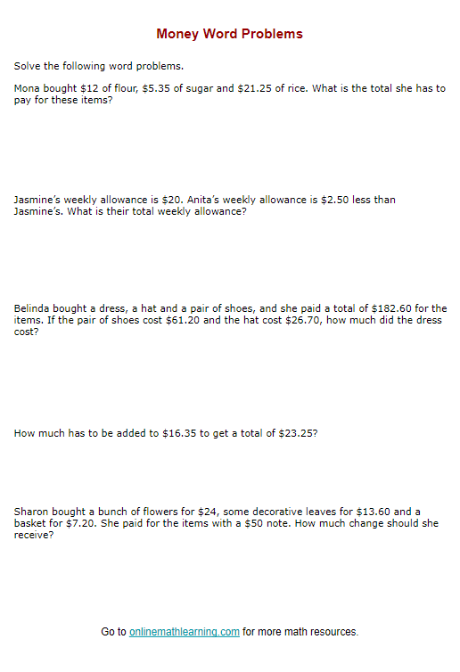 Money Word Problems Worksheet