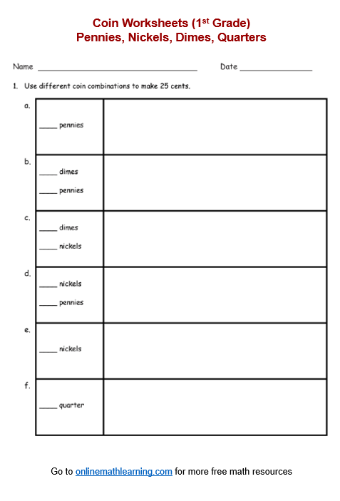 Money worksheet for First Grade