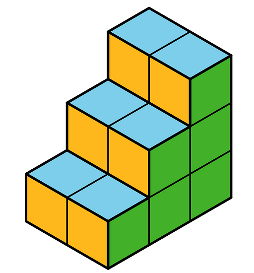 Steps, bottom row 3 cubes, middle row 2 cubes, top row 1 cube.