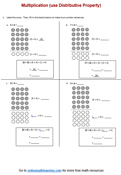 Multiplication using Distributive Property Worksheet