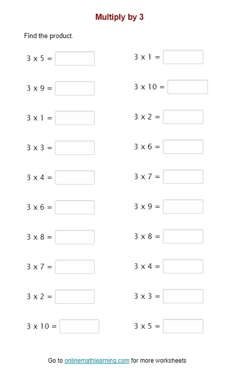 Multiply by 3 Worksheet