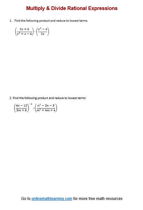 Multiply & Divide Rational Expressions Worksheet