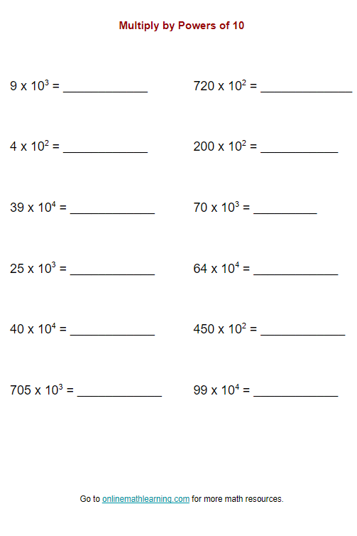 Multiply by Powers of 10 Worksheet (printable, online, answers)