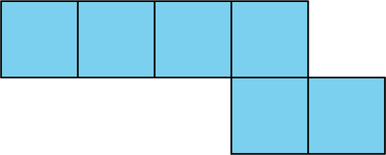 A net of 6 squares. 4 squares are lined up in a row, with 2 squares lined up in another row under the last square in the first row.