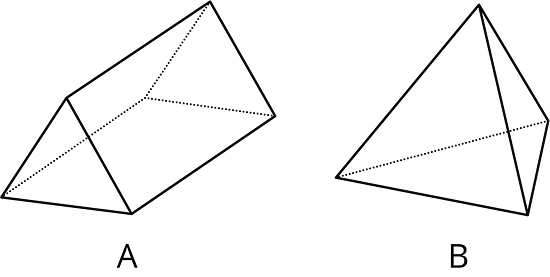 A triangular prism labeled A and a tetrahedron labeled B.