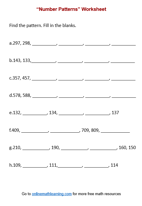 Number Patterns Worksheets (Second Grade, printable)