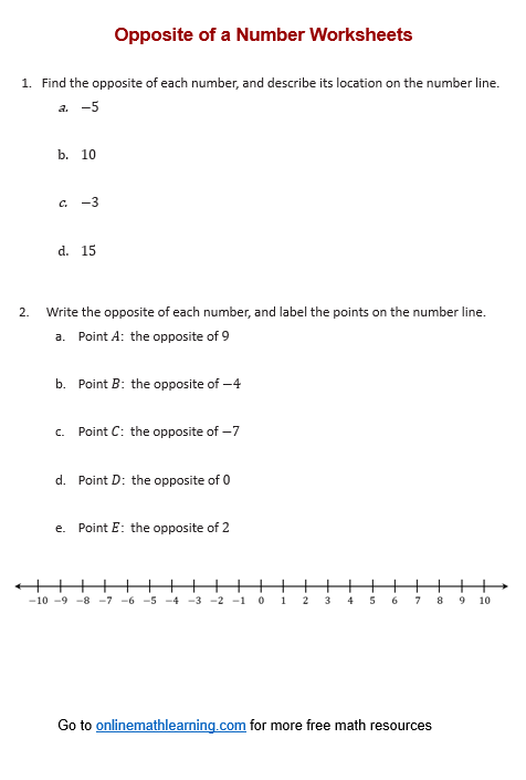 Opposite of a Number Worksheet
