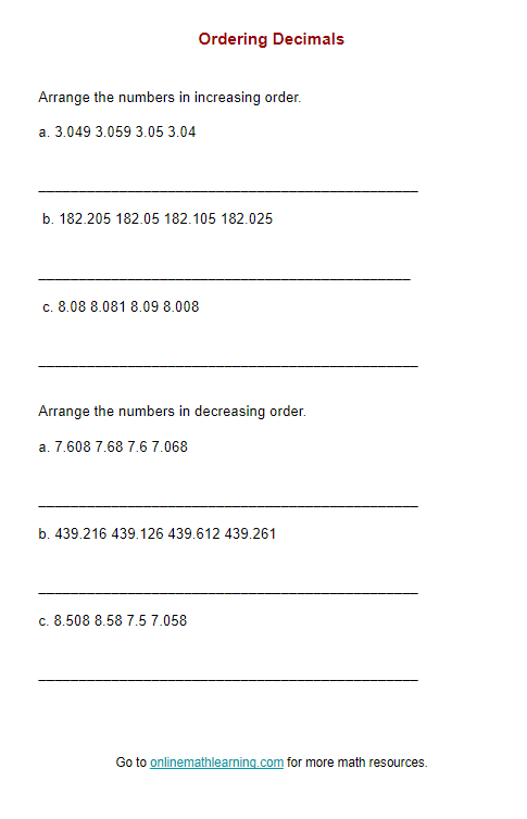 Order Decimals Worksheet