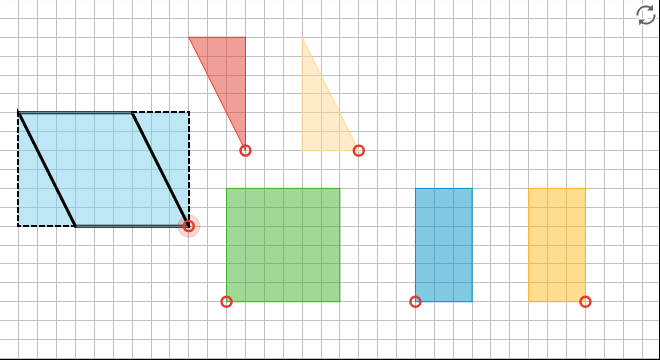 Finding the Area of a Parallelogram - Illustrative Math A parallelogram on a grid. The parallelogram has been enclosed with a rectangle 9 by 6 square units. Extra regions in the form of 2 right triangles which each have a base length of 3 and a height of 6 have been marked with dashed lines for subtraction.