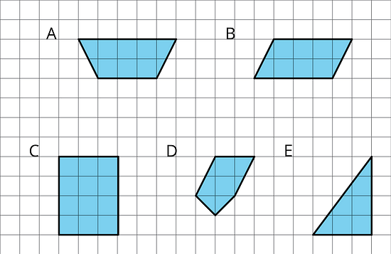 Five figures. Figure A is a trapezoid. Figure B is a parallelogram. Figure C is a rectangle. Figure D is an irregular five-sided polygon. Figure E is a right triangle.