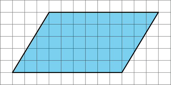 A parallelogram on a grid with base length 9 units and height 5 units.