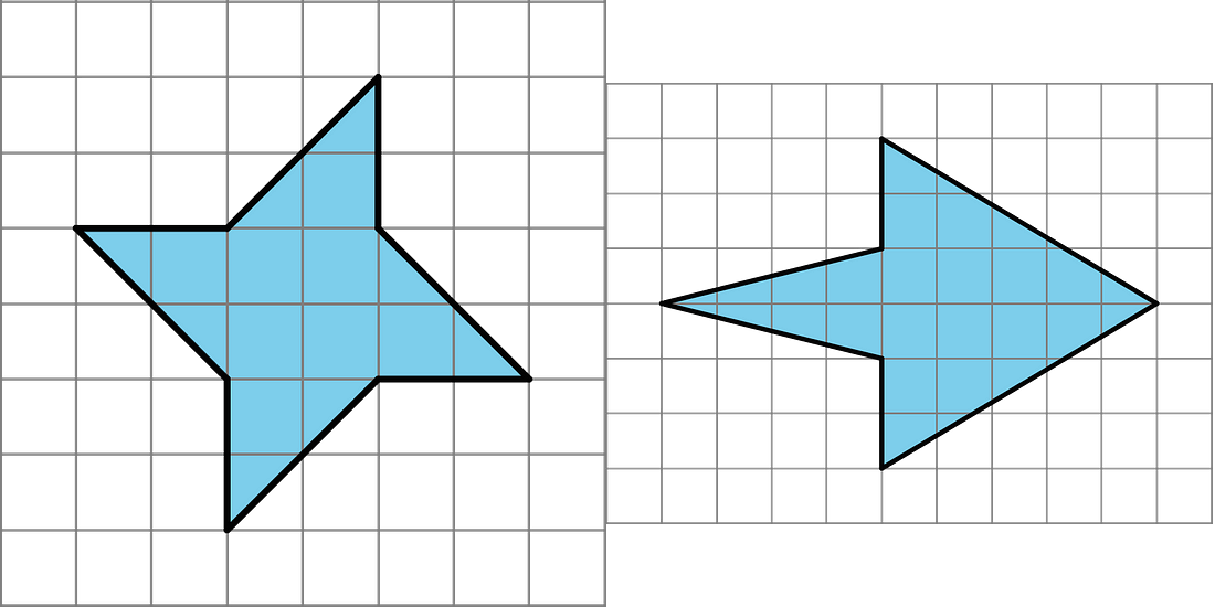Two figures. Left figure: A shape with eight sides. Four sides are straight sides and extend left, right, up and, down for 2 units each. The remaining sides are angled sides connecting each of the straight sides to the next. The shape is a total of 6 units tall and 6 units wide. Right figure: A shape with six sides. It is 9 units long and six units wide at its widest point. Two vertical sides connect four sloped sides, which meet at either end of the shape.