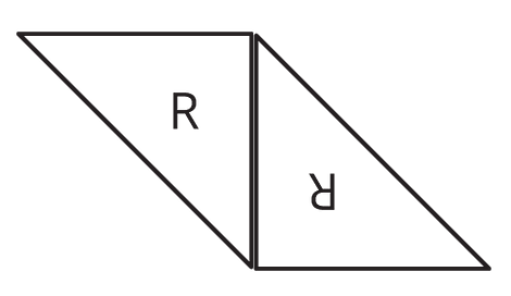 Two congruent isosceles right triangles, labeled R. The triangles have been used to compose a parallelogram that is not a square.