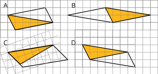 Four parallelograms labeled A, B, C, and D. Orange triangles have been laid over them to determine which parallelograms could be composed out of that specific triangle.