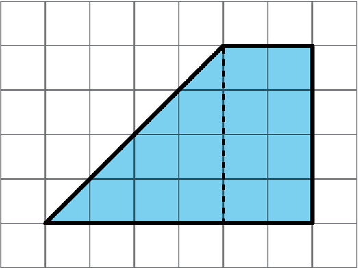 Trapezoid base 1, 6 units, base 2, 2 units, height 4 units. A dashed line has been drawn to divide this trapezoid into a rectangle and a right triangle.