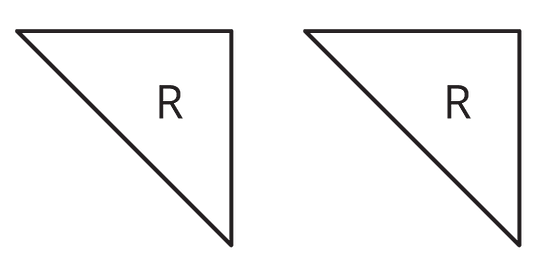 Two congruent isosceles right triangles, labeled R.