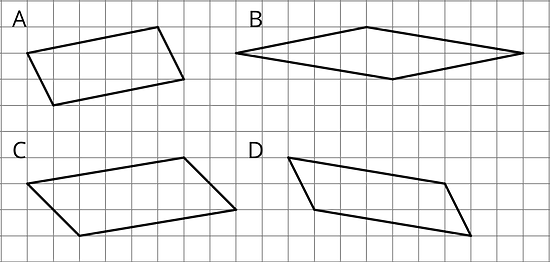 Four parallelograms labeled A, B, C, and D.