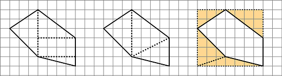 Three identical five-sided polygons. The first two are divided up into triangles in rectangles. The third is surrounded by a rectangle, the area of which outside the polygon is shaded.