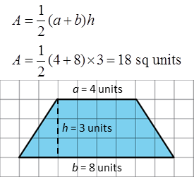 Polygons Answer to Practice Problem 3 - Illustrative Math Trapezoid on a grid. Short side 4, long side 8, height 3, area 18 square units.