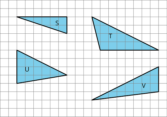 Polygons - Illustrative Math Four triangles on a grid, labeled S, T, U, and V.