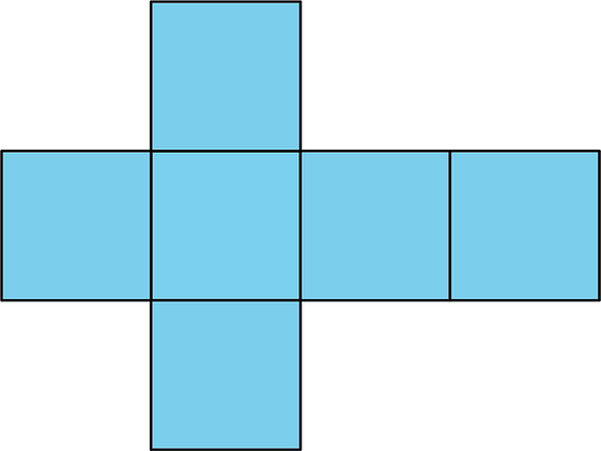 Six squares arranged with 4 in a row, 1 above the second square in the row, and one below the second square in the row.