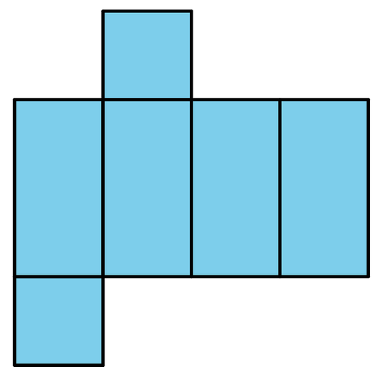 A net composed of 4 adjacent rectangles, as well as a square above rectangle 2 and below rectangle 1 for a total of 6 polygons.