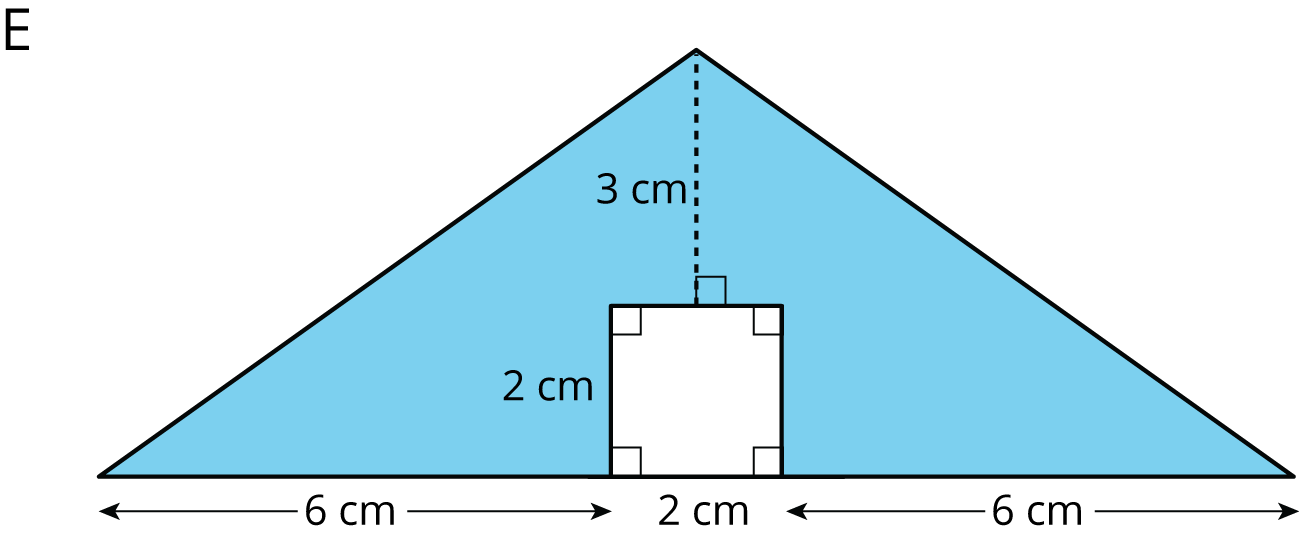 Shaded triangle with base 6 + 6 + 2 cm and height 3 + 2 cm, with an unshaded square 2 by 2 cm located in the middle of the base.