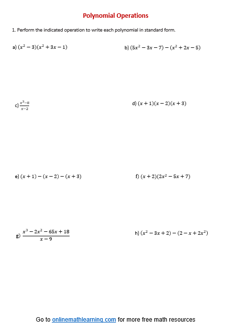Add, Subtract, Multiply, Divide Polynomials Worksheets