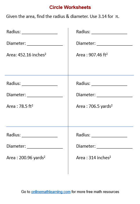 Radius from area of circle Worksheet