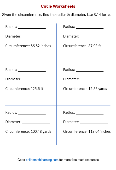 Radius from circumference of circle Worksheet