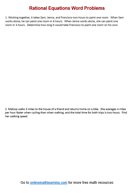 Rational Equation Word Problem Worksheets (printable, online, answers ...