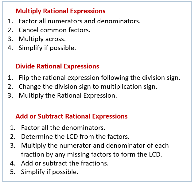 Multiply, Divide, Add, Subtract Rational Expressions (solutions