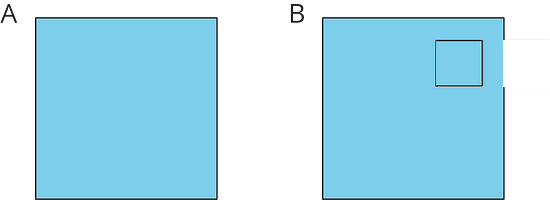 Compare the Area of Two Shaded Regions By Decomposing and Rearranging - Illustrative Math Square A, shaded. Square B identical to A. A small shaded square previously appended to the side of Figure B has been placed in a previously empty space within Figure B.