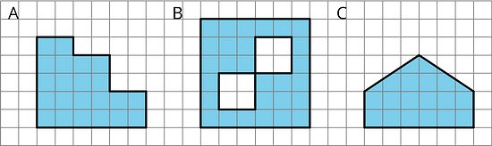 Three figures. Figure A resembles a staircase. Figure B is a blue square with two white squares in the middle. Figure C has 5 sides, 2 sloping sides and 3 sides which form right angles with each other.