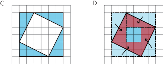 Fitting Figures Inside Each Other to Show Area - Illustrative Math Two figures, each on a white square grid. Figure C a 6 by 6 green square with a tilted white square inside. Figure D is a green tilted square. The triangles from Figure C have been overlaid onto Figure D.