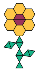 A figure that contains hexagons, trapezoids, and triangles arranged to represent a flower. The figure contains 6 yellow hexagons, 2 red trapezoids, and 9 green triangles.