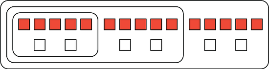 A discrete diagram of red and white squares. 1 red square represents 1 cup of cranberry juice and 1 white square represents 1 cup of soda water. 1 batch contains 5 red squares and 2 white squares. There are 3 batches in the picture.