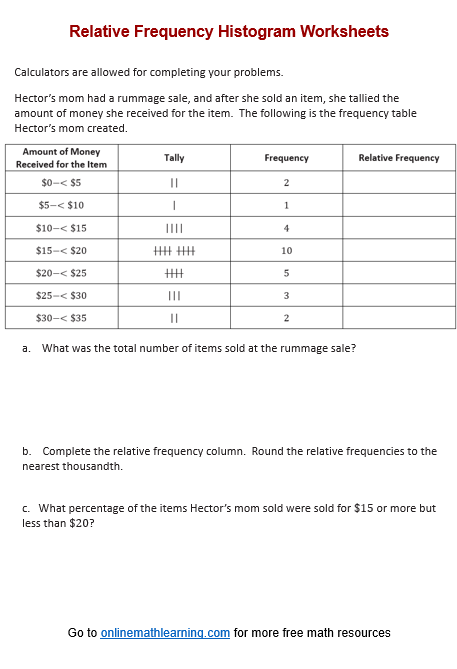 Relative Frequency Histogram Worksheet