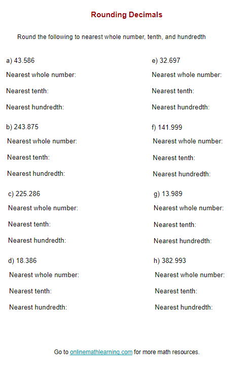 Rounding Decimals Worksheet