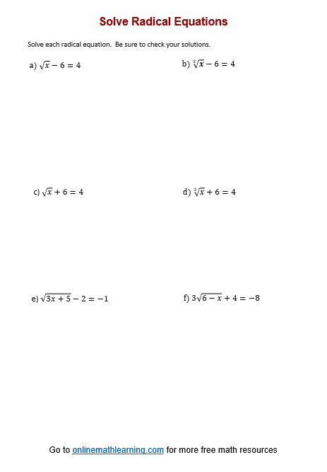 Solve Radical Equation Worksheet