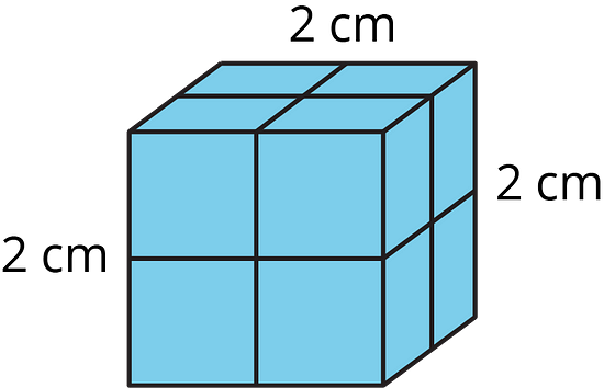 A cube 2 by 2 by 2 cm, made of 8 smaller cubes.