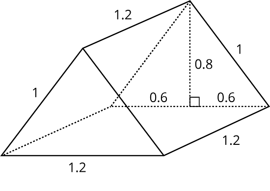 A triangular prism. The side lengths of the triangular bases are 1, 1, and 1.2. The side lengths of the rectangular faces are 1 and 1.2. The height of the triangular bases is 0.8.