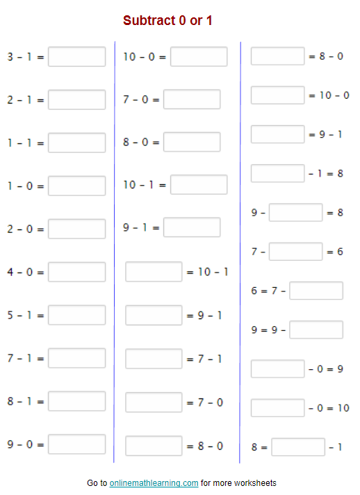 Subtract 0 or 1 worksheet for First Grade
