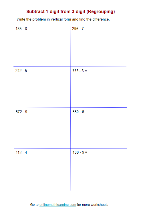 Subtract 1-digit from 3-digit Worksheet for Second Grade