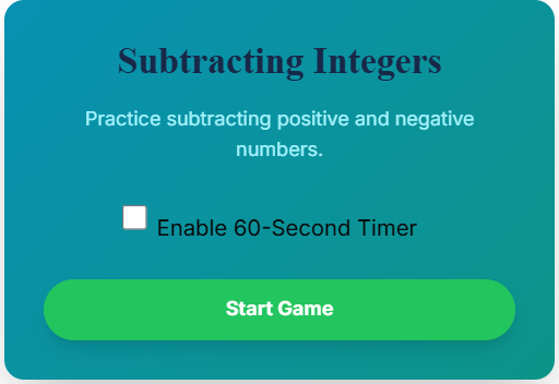 Subtract Integers Game Subtract Integers Game
