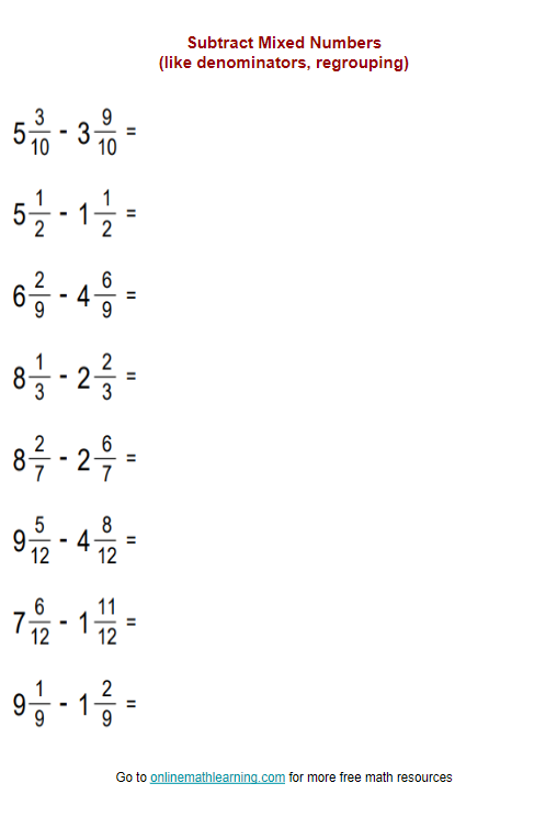 subtract-mixed-numbers-with-like-denominators-regrouping-worksheet-examples-answers-videos