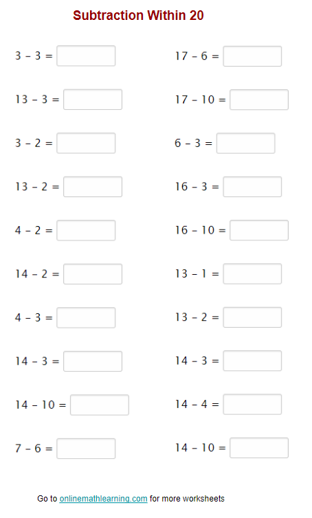 Subtraction under 20 (horizontal) worksheets