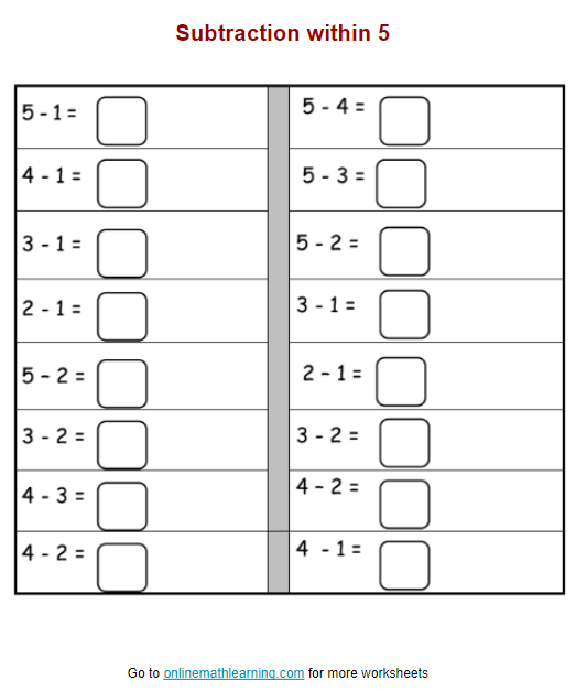 Subtraction Within 5 worksheet for kindergarten